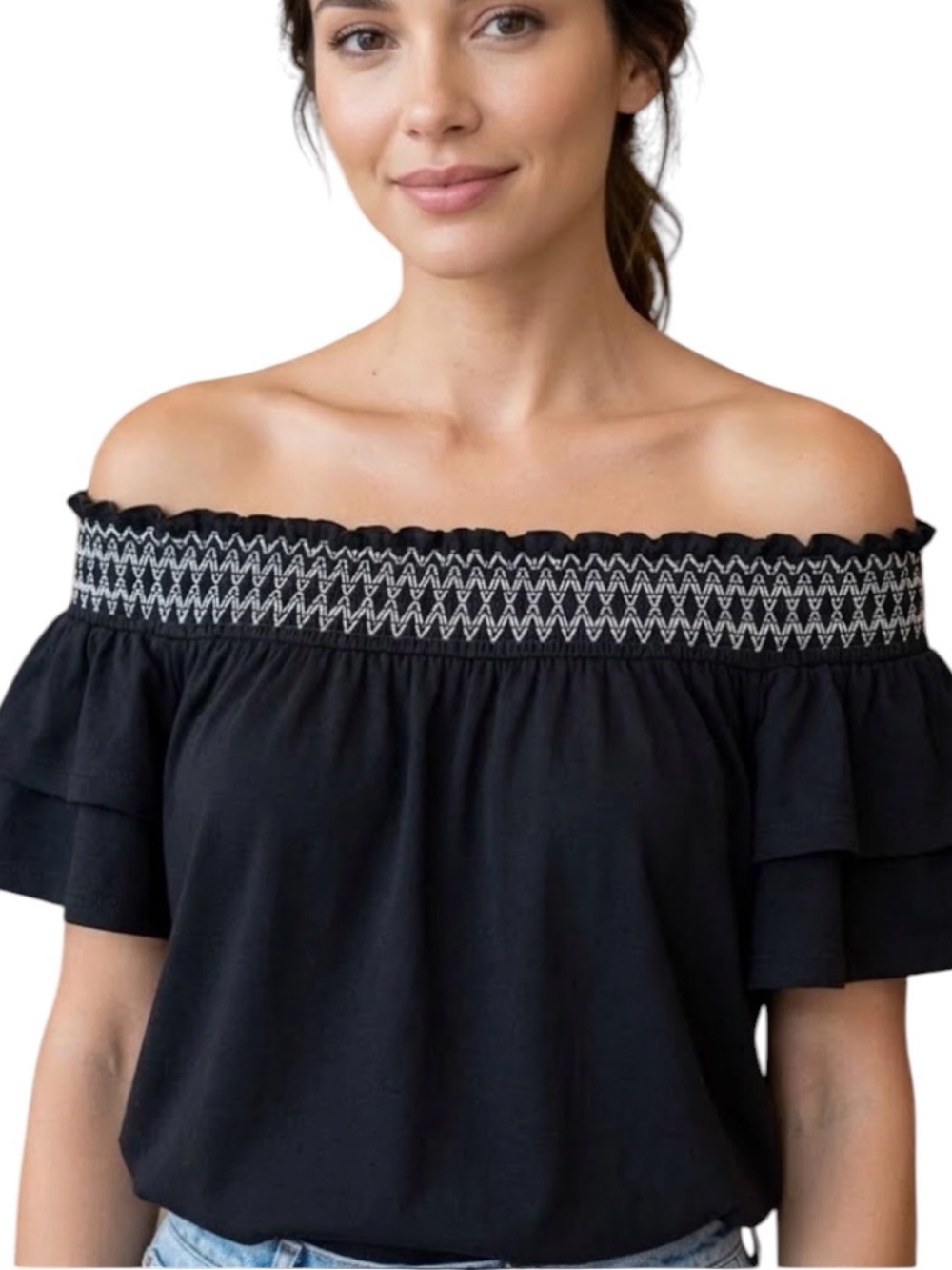 AEO American Eagle Soft Sexy Off Shoulder Gray Boho Top Stitched Embroidered XS